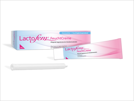 Lactofem FeuchtCreme-Tube, -Applikator und -Schachtel für die vaginale Befeuchtung.