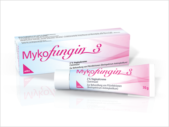 Eine Tube und eine Schachtel Mykofungin 3 2% Vaginalcreme 20g mit rosa und weißer Verpackung, beschriftet zur Behandlung von Infektionen.