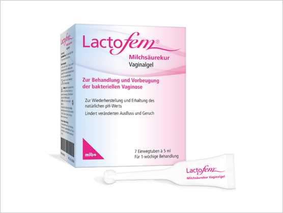 Eine Schachtel und ein Applikator mit LactoFem Milchsäurekur Vaginalgel zur Behandlung von bakterieller Vaginose, in rosa und weißer Verpackung.
