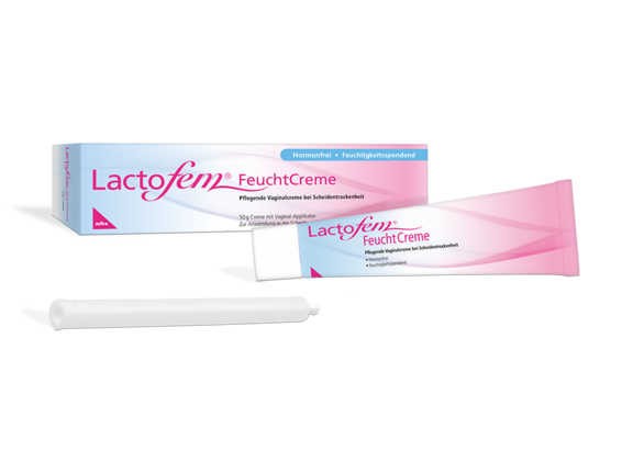 Lactofem FeuchtCreme Box und Tube mit Applikator im rosa und blauen Farbverlauf zur Unterstützung der vaginalen Feuchtigkeit.