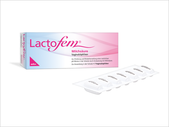 Schachtel und Blisterpackung von Lactofem Milchsäure Vaginalzäpfchen 7 Stück, mit rosa-weißer Verpackung und deutschem Text.