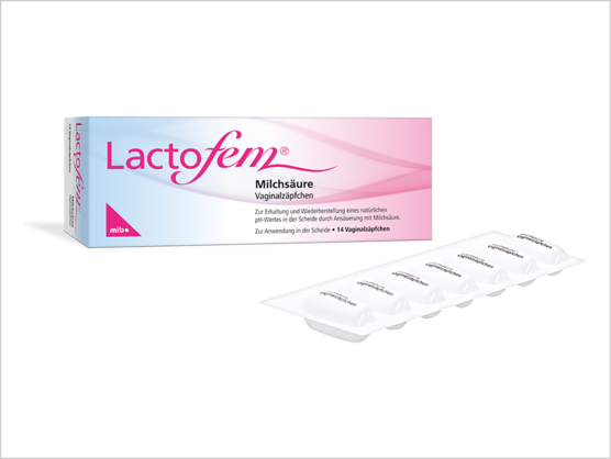 Schachtel und Blisterpackung von Lactofem Milchsäure Vaginalzäpfchen.