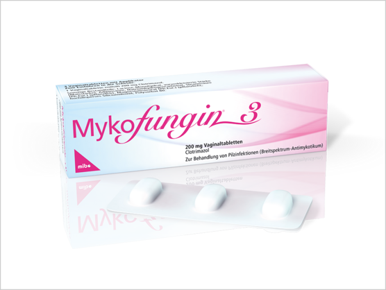 Schachtel mit Mykofungin 3 200 mg Vaginaltabletten mit einer Blisterpackung mit drei weißen Tabletten auf der Vorderseite.