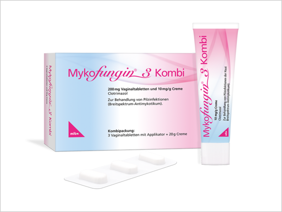 Schachtel, Tube und Blisterpackung von Mykofungin 3 Kombi, einem Arzneimittel zur Behandlung von Pilzinfektionen, mit Produkttext in deutscher Sprache.